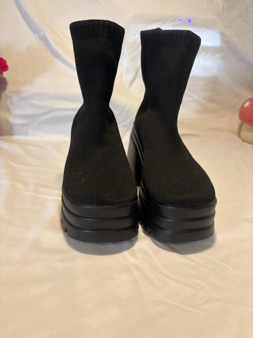 Black Platform Sock Boots - Women's Modern Chunky Heel - Picture 1 of 7
